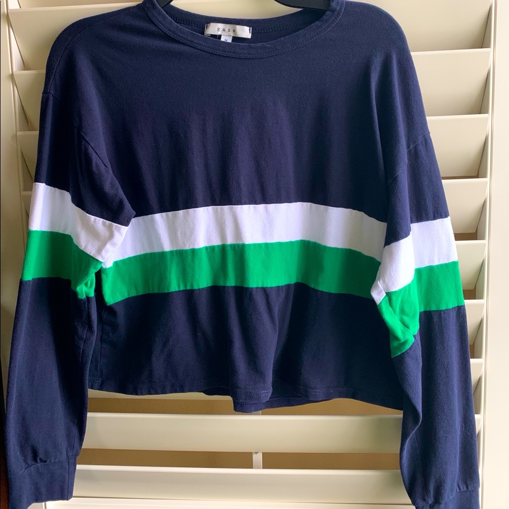 Navy Blue Long Sleeve Crop w/ Green and White